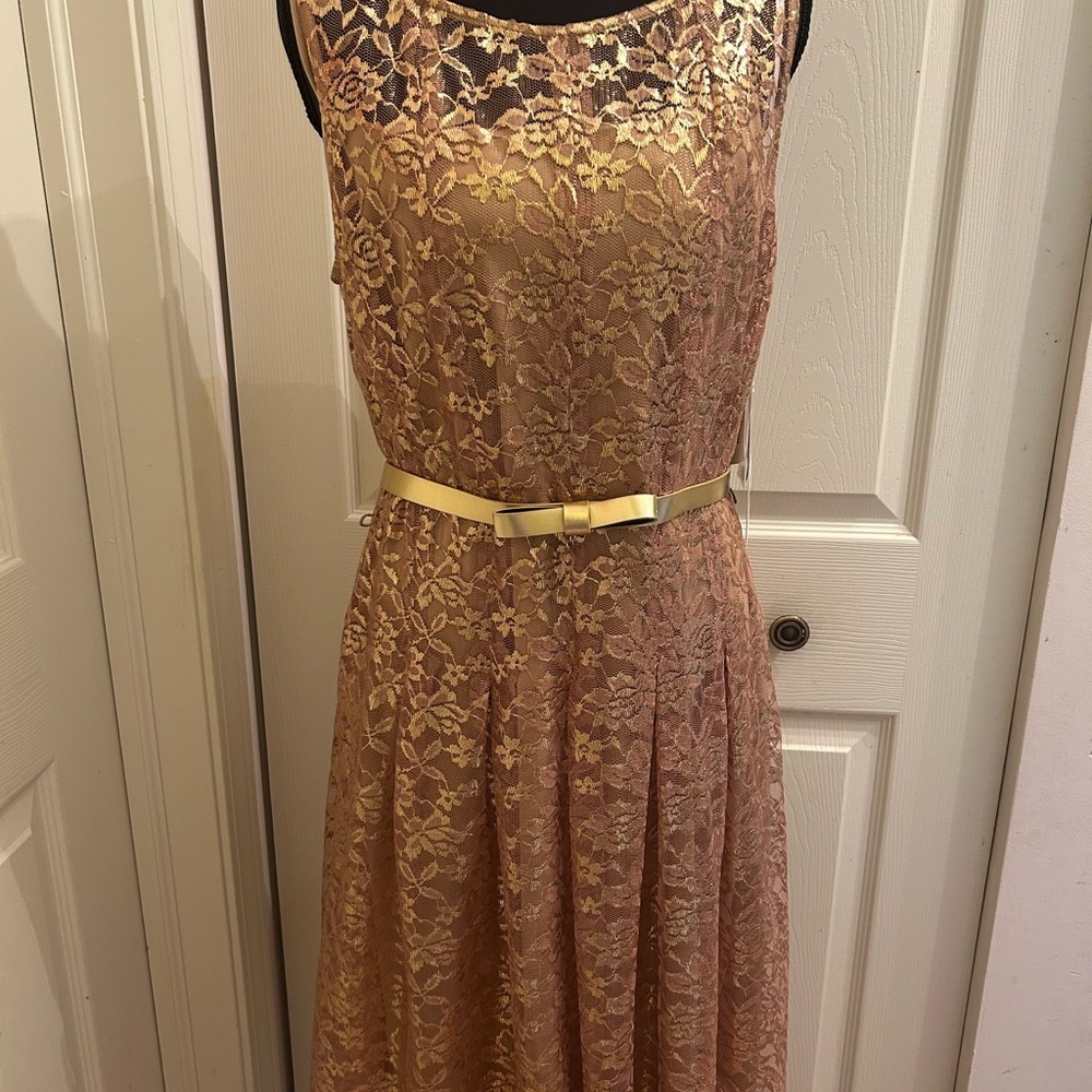 Chetta B Elegant Gold Lace Sleeveless Dress with Belt, Size 14 - Picture 2 of 9